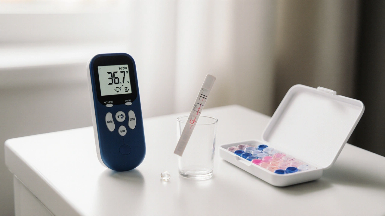 Blízký záběr na teploměr, testovací proužek a domácí spermiogram.