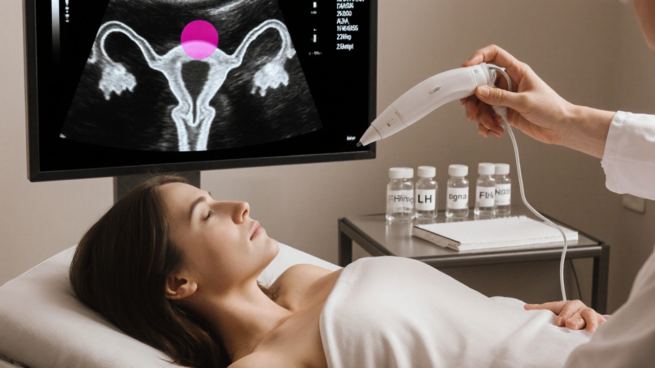 Gynekolog provádí transvaginální ultrazvuk, monitor ukazuje folikuly.