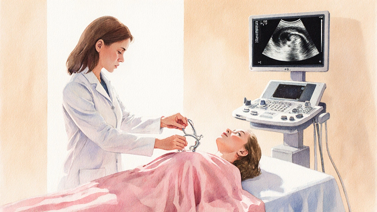 Gynekolog provádí vyšetření: klystýr, Pap test a pánvový ultrazvuk.
