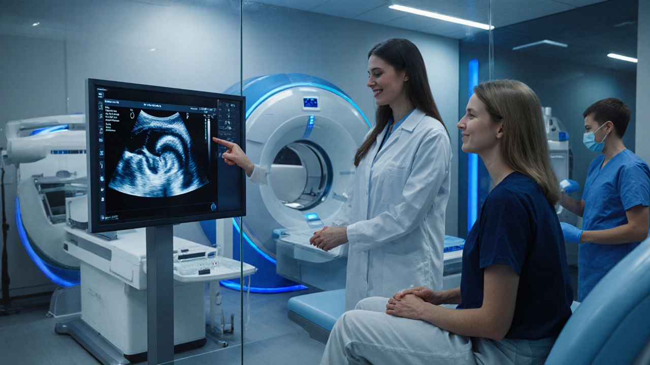 Lékař v moderní klinice ukazuje pacientce ultrazvuk, CT i MRI obrazy na monitoru.