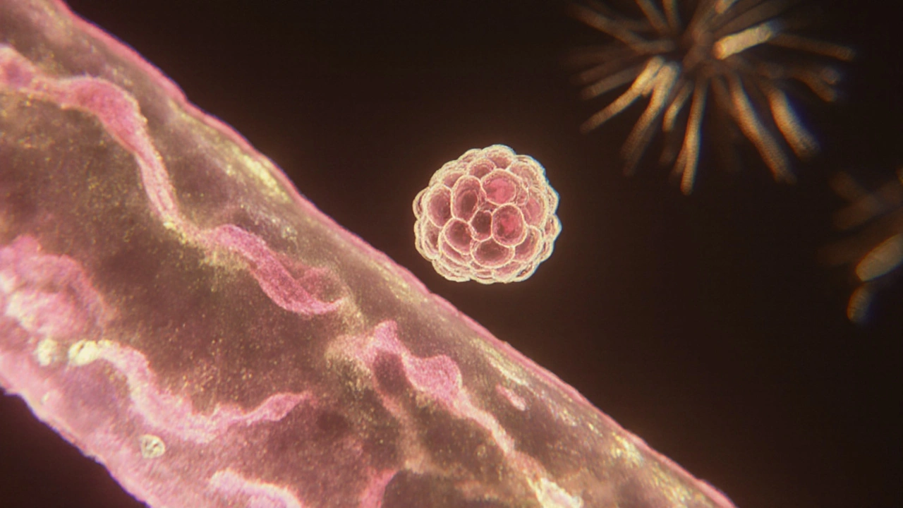 Morula jako malý shluk buněk cestující vejcovodem.