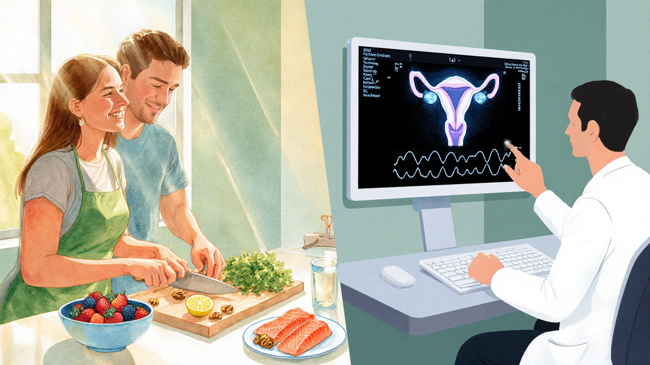 Pár připravuje zdravé jídlo, cvičí jógu a poté navštěvuje lékaře.