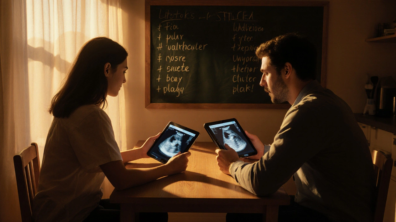 Pár se dívá na ultrazvuk na tabletu, připravuje jméno dítěte.