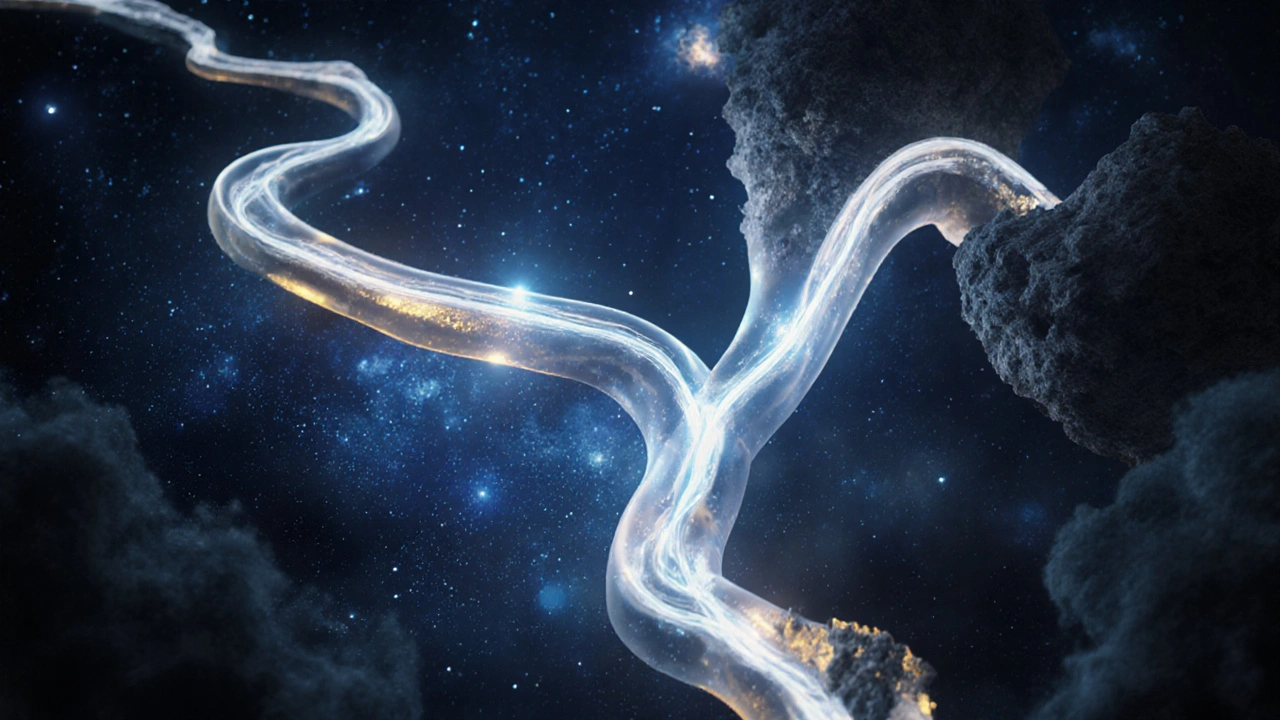 Symbolické zobrazení dvou vaječných trubiček jako světelných toků v břišní dutině, jedna osvětlená, druhá zatměná lepkami.