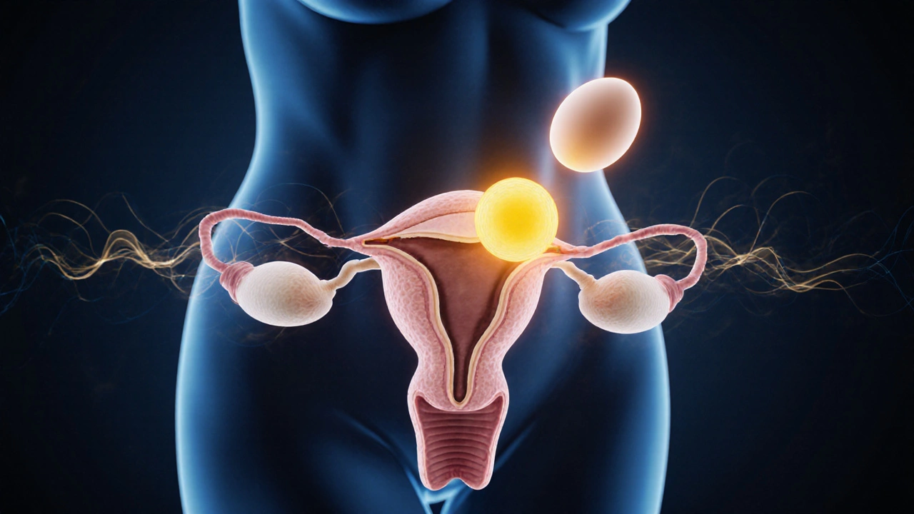 Vaječník uvolňuje vajíčko a vzniká žluté tělísko s hormonálními vlnami.