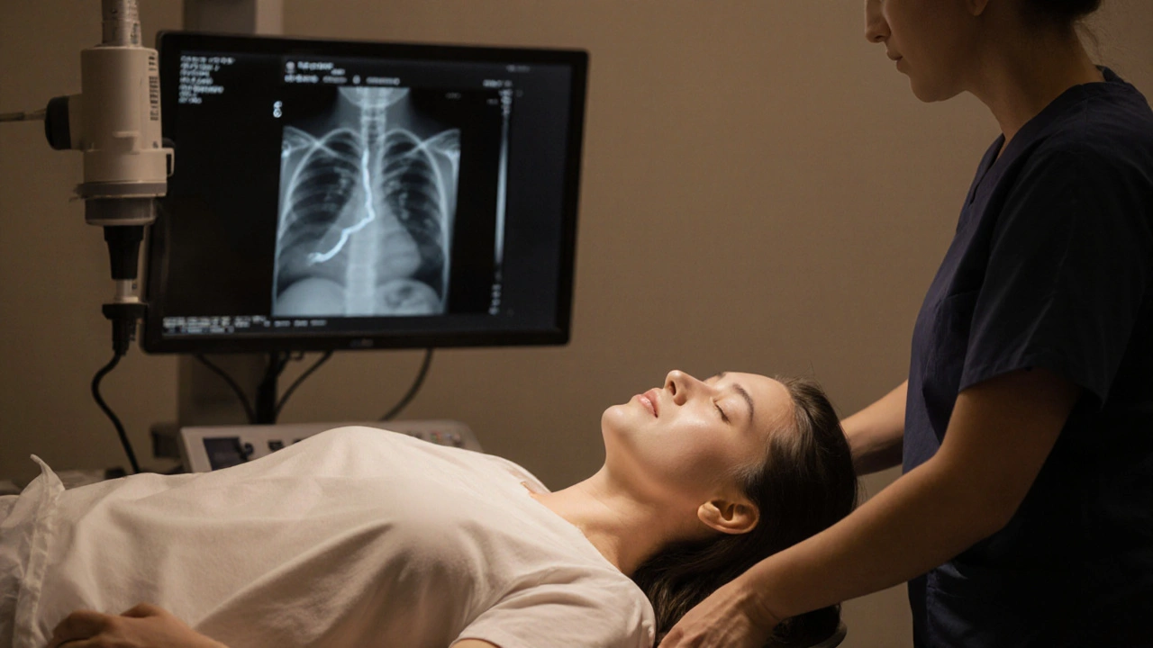 Žena během HSG vyšetření na lékařské stolici, lékař upravuje vybavení, jemné světlo z monitoru osvětluje obličej.