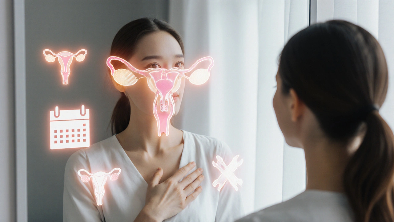 Žena ve zrcadle s průhledným zobrazením vnitřních orgánů a preventivními symboly.