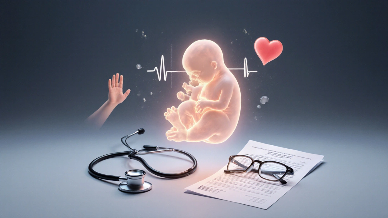 3D obraz plodu s symboly zdravotního vyšetření v těhotenství.