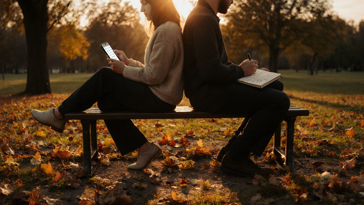 Dvojice na lavičce v západu slunce, jejich stíny se spojují.