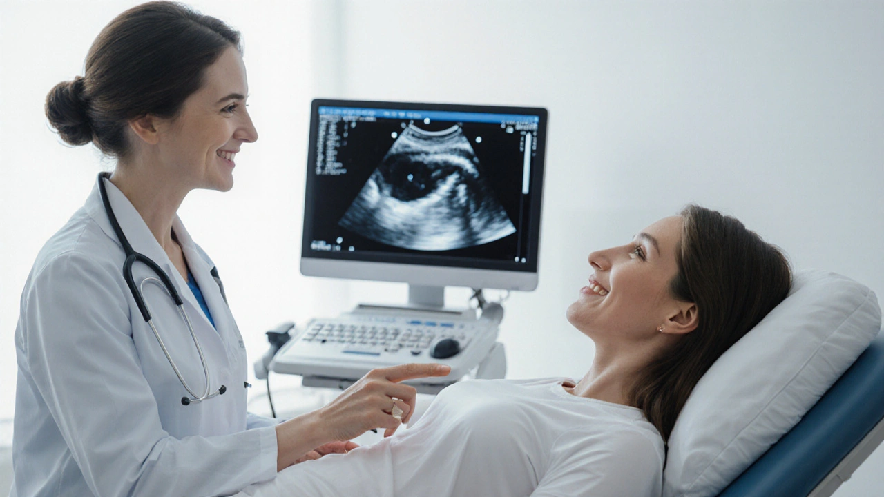 Gynekologka ukazuje pacientce výsledky ultrazvuku těhotenství.