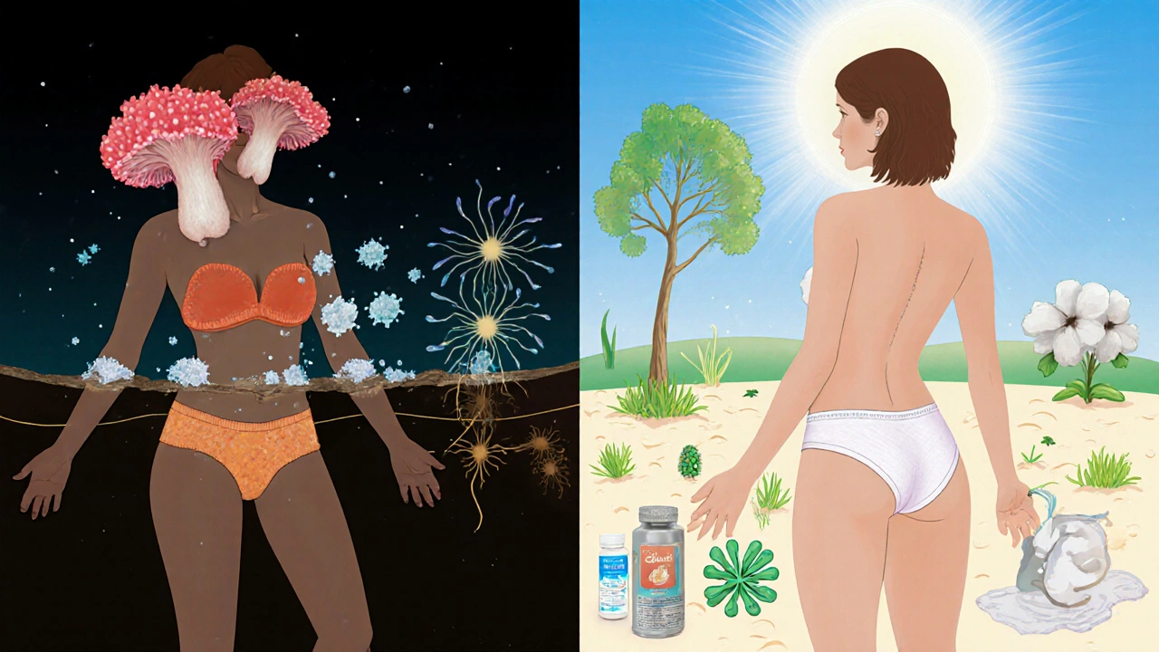 Ilustrace rovnováhy mezi škodlivými houbami a zdravými bakteriemi v těle.