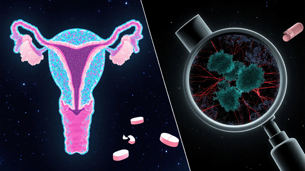 Ilustrace zdravé mikroflóry vlevo a přebytku houb vpravo pod mikroskopem.