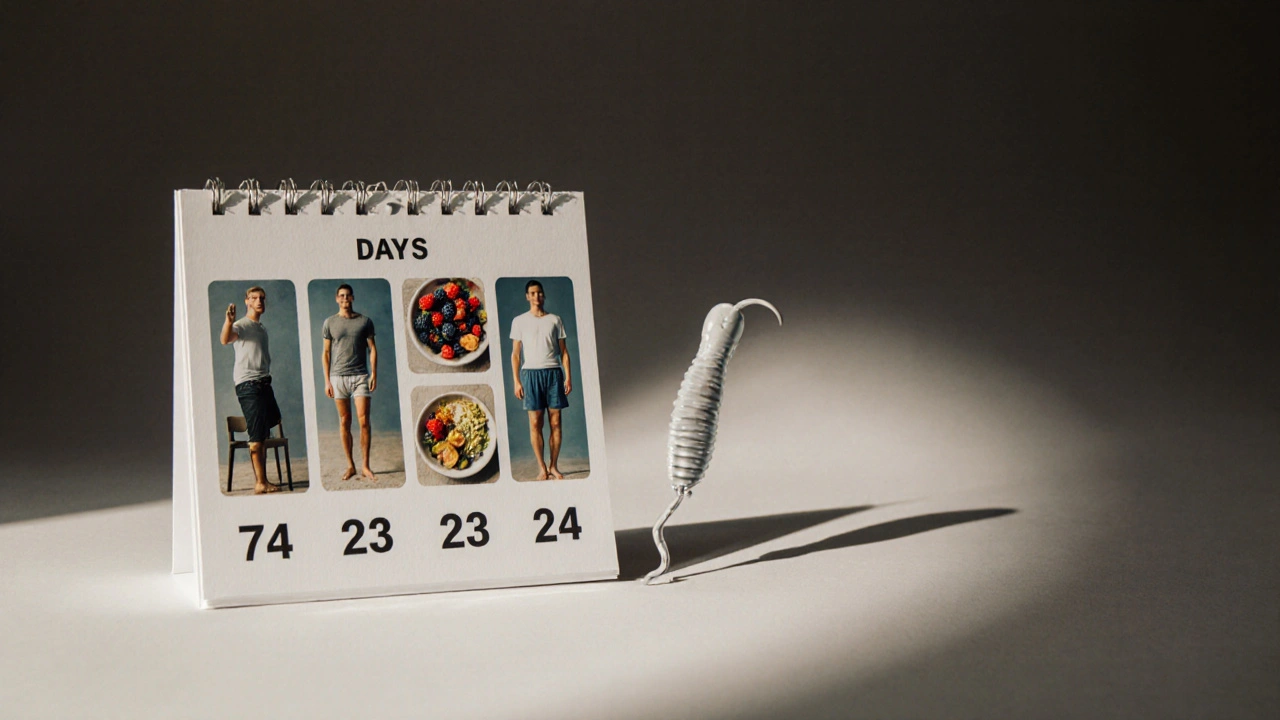 Kalendář s 74 dny, každý den ukazuje zdravou změnu životního stylu, na konci vychází zdravá spermie.