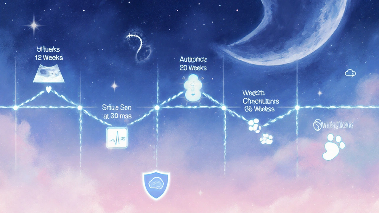 Koncepční obraz těhotenských kontrol jako světelných cest vedoucích k porodu.