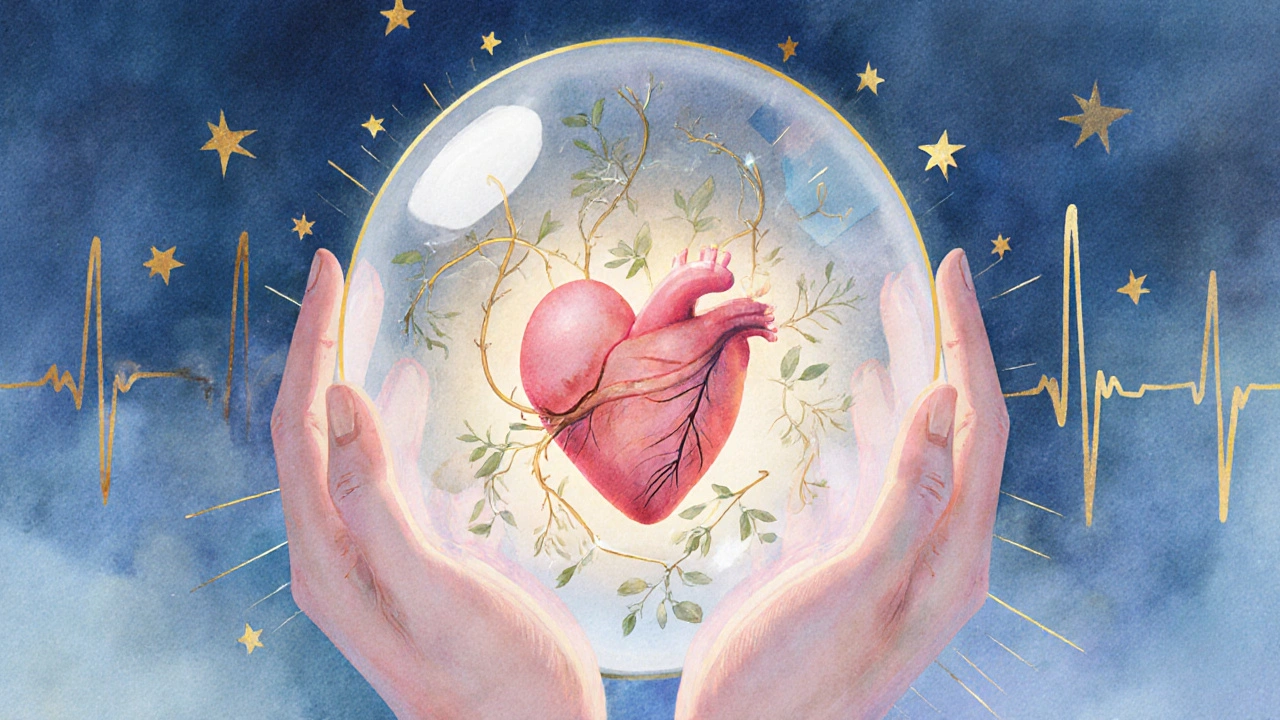 Křehké srdíčko plodu plavající v křehkém útrobě, obklopené hvězdami a větvičkami.