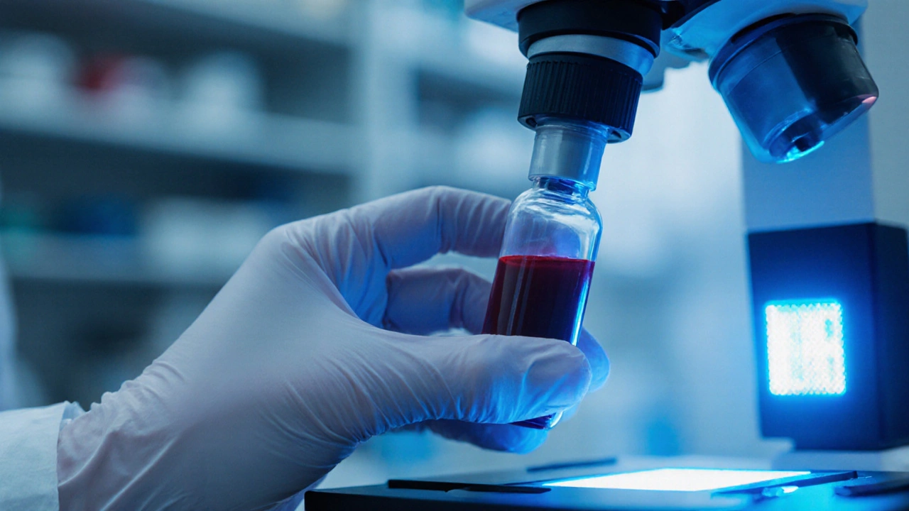 Laboratorní vial s krví pod mikroskopem, na obrazovce je slabý signál hormonu hCG.