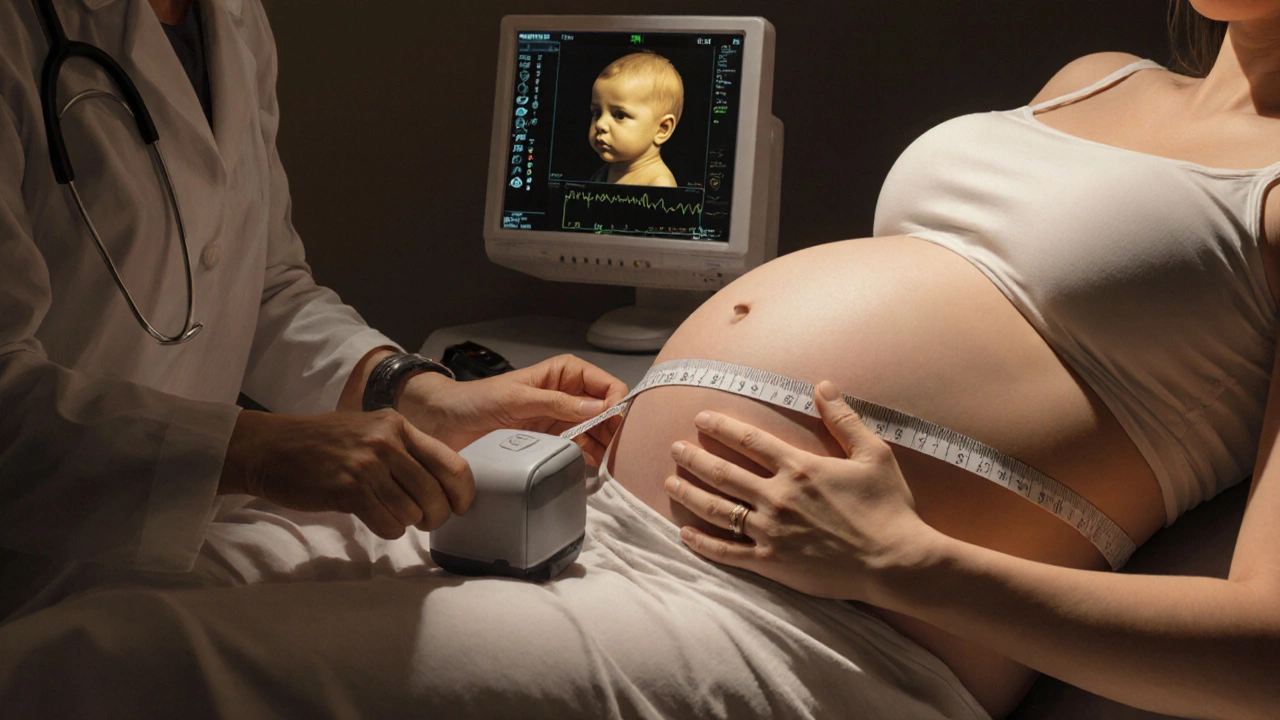 Lékař měří břicho těhotné ženy ve třetím trimestru s Dopplerem na srdci plodu.