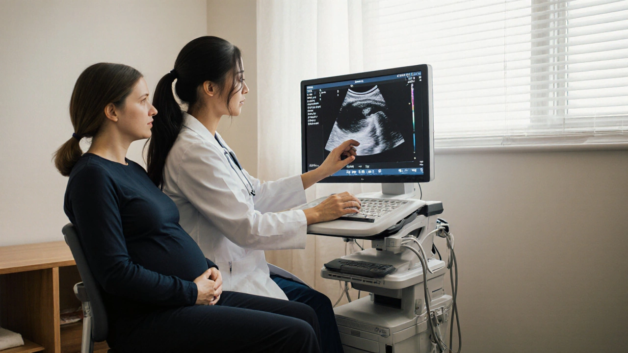 Lékař ukazuje těhotné ženě ultrazvukový obrázek v ordinaci.