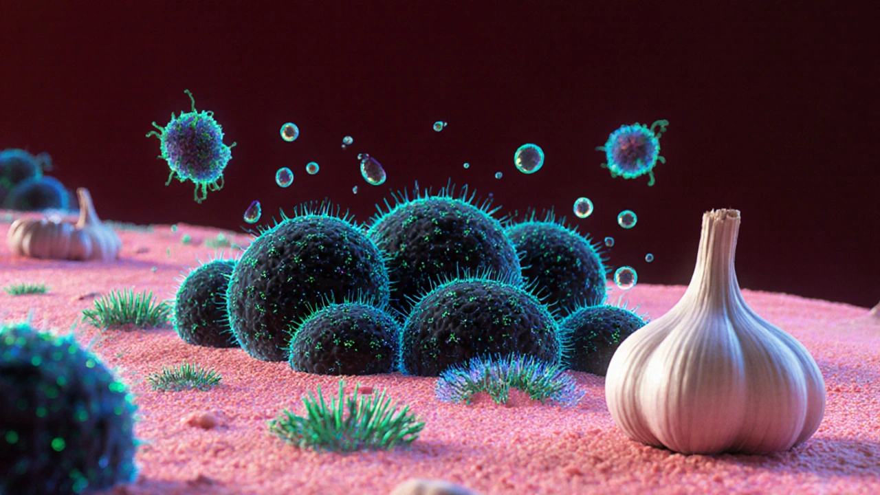 Mikroskopický pohled na kvasinky Candida albicans potlačované probiotickými bakteriemi a česnekem.