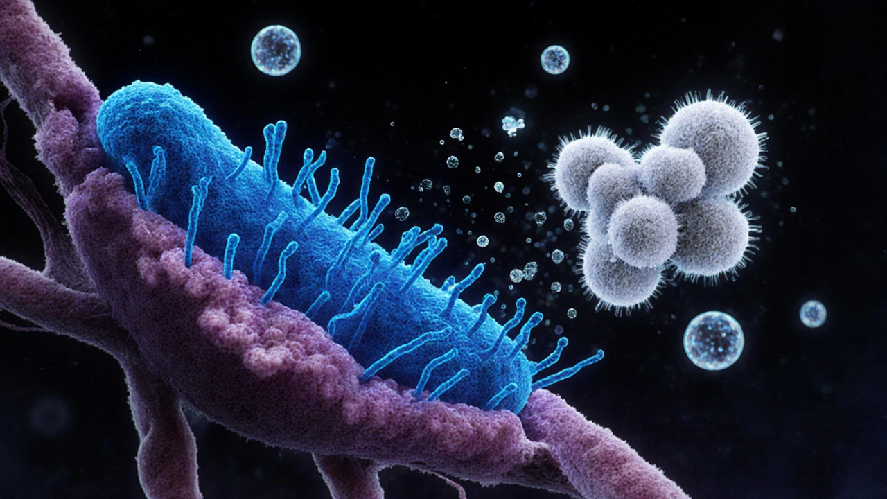 Mikroskopický pohled na pochvu: zdravé bakterie brání přemnožení kvasinek, okolo cukerné krystaly a hormony.