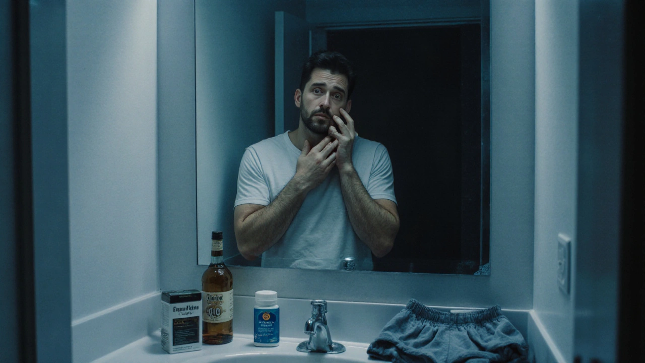Muž se dívá do zrcadla a dotýká se varlat, v pozadí viditelné alkohol, cigarety a vitamíny.