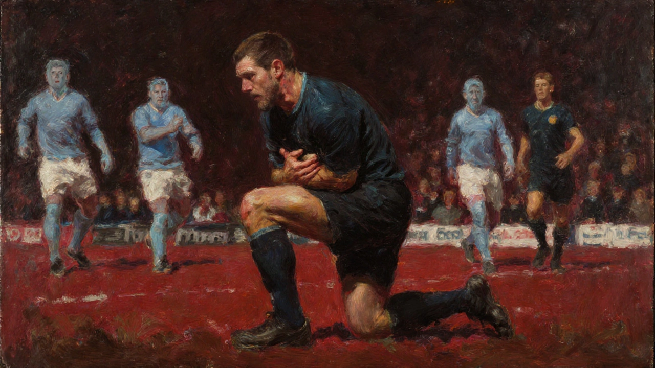 Muž v bolesti po kopnutí do koulí na fotbalovém hřišti, jedna koleno na zemi, ostatní hráči v pozadí nehybní.