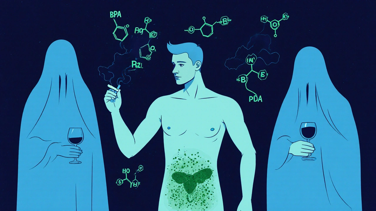 Muž v tmavém pokoji, drží cigaretu a sklenici vína, kolem něj se vznášejí chemické molekuly, které poškozují spermie.