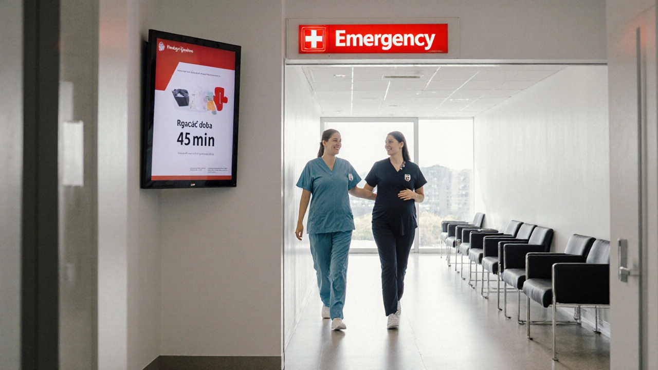 Nové gynekologické pohotovostní centrum v Hradci Králové s těhotnou ženou a sestrou u vstupu.