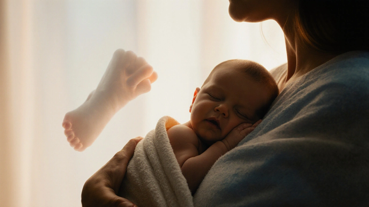 Novorozence na hrudi matky, oba v klidu, za nimi průhledné stíny bolesti, teplé odstíny zlatého a modrého.