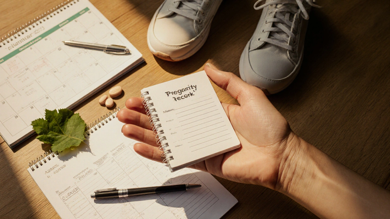 Otevřená těhotenská knížka s doplňky pro těhotenství: vitamíny, kalendář a obuv.