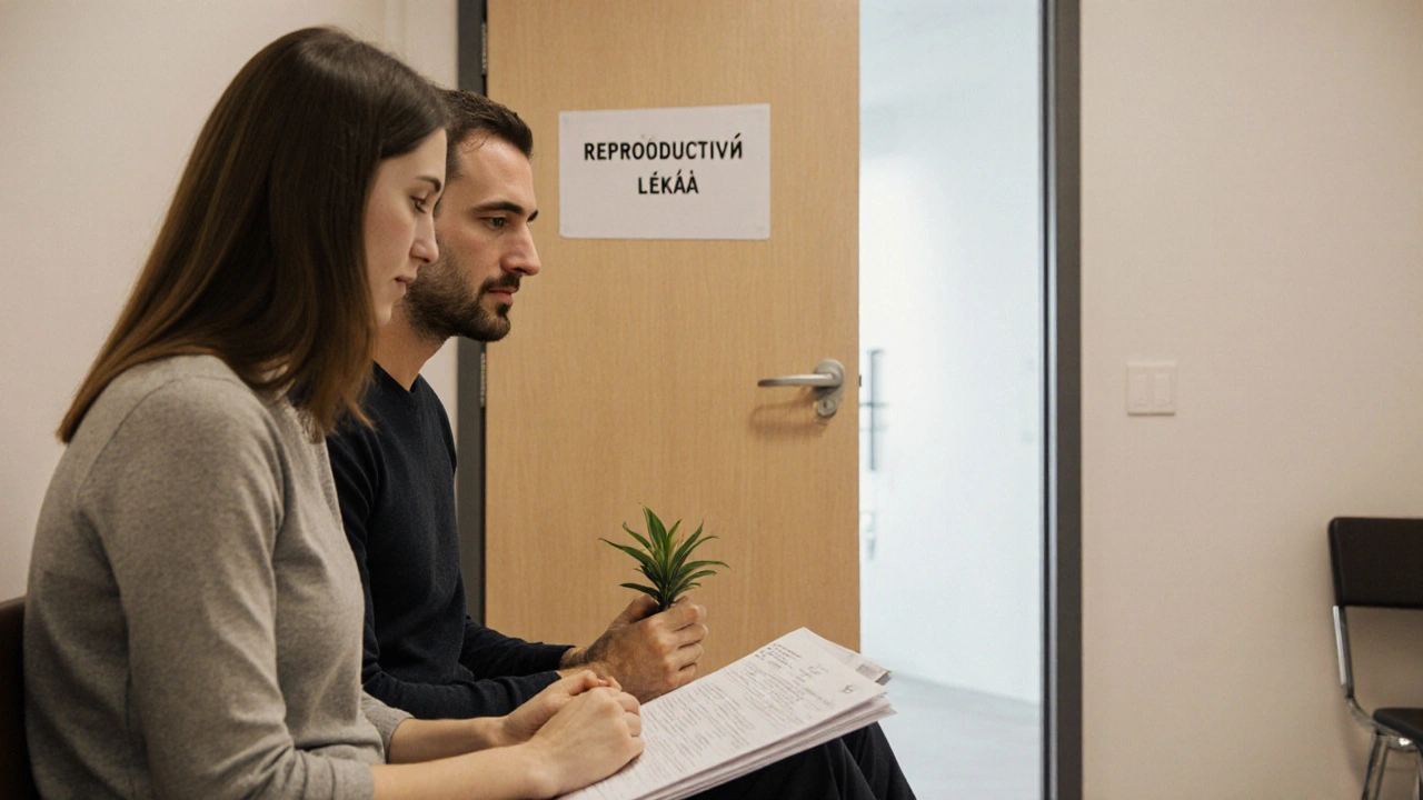 Pár sedí na lavičce v klinice, tichý a společný okamžik před vyšetřením na neplodnost.