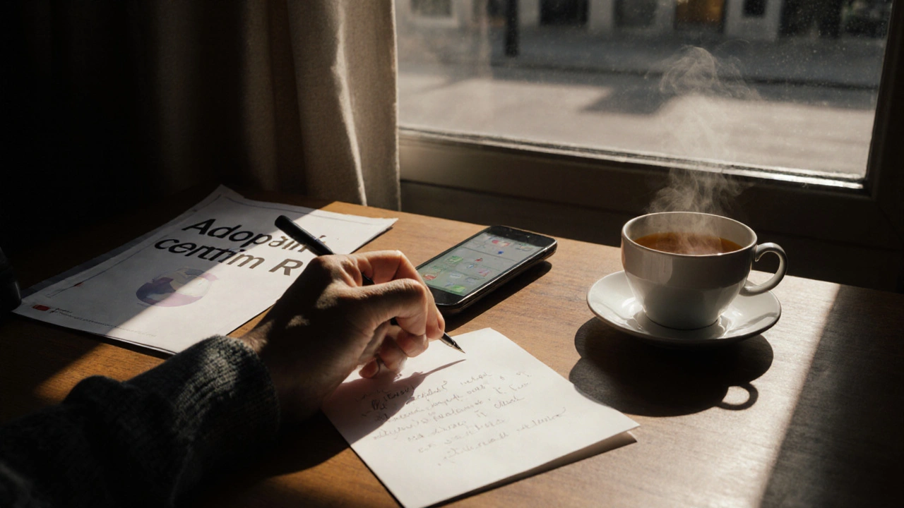 Pohled na list papíru a brožuru s názvem adopční centrum na stole.