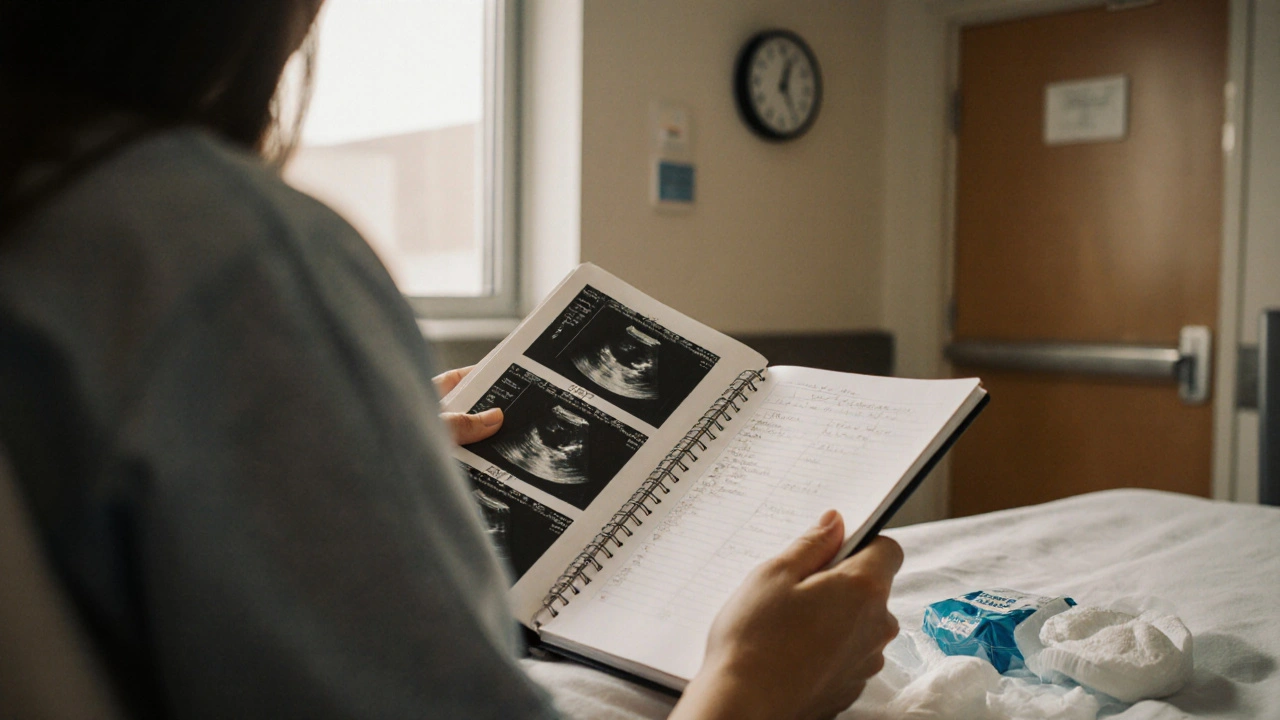 Ruce těhotné ženy drží mateřskou knížku, výsledky ultrazvuku a převazový materiál na nemocniční lůžku.