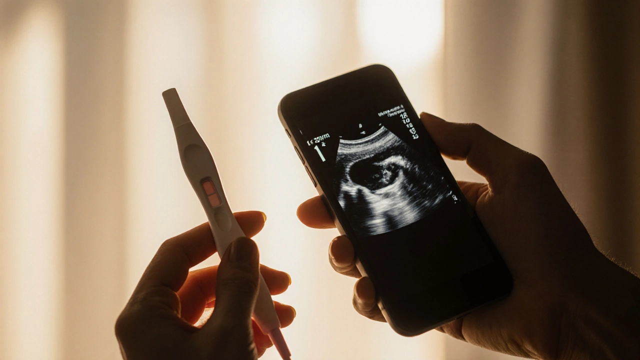 Ruka drží pozitivní těhotenský test vedle obrazu ultrazvuku s srdíčkem plodu.