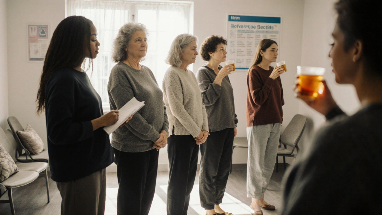 Skupina žen čeká v předpokoji v pohodlném oblečení, jedna drží seznam otázek.
