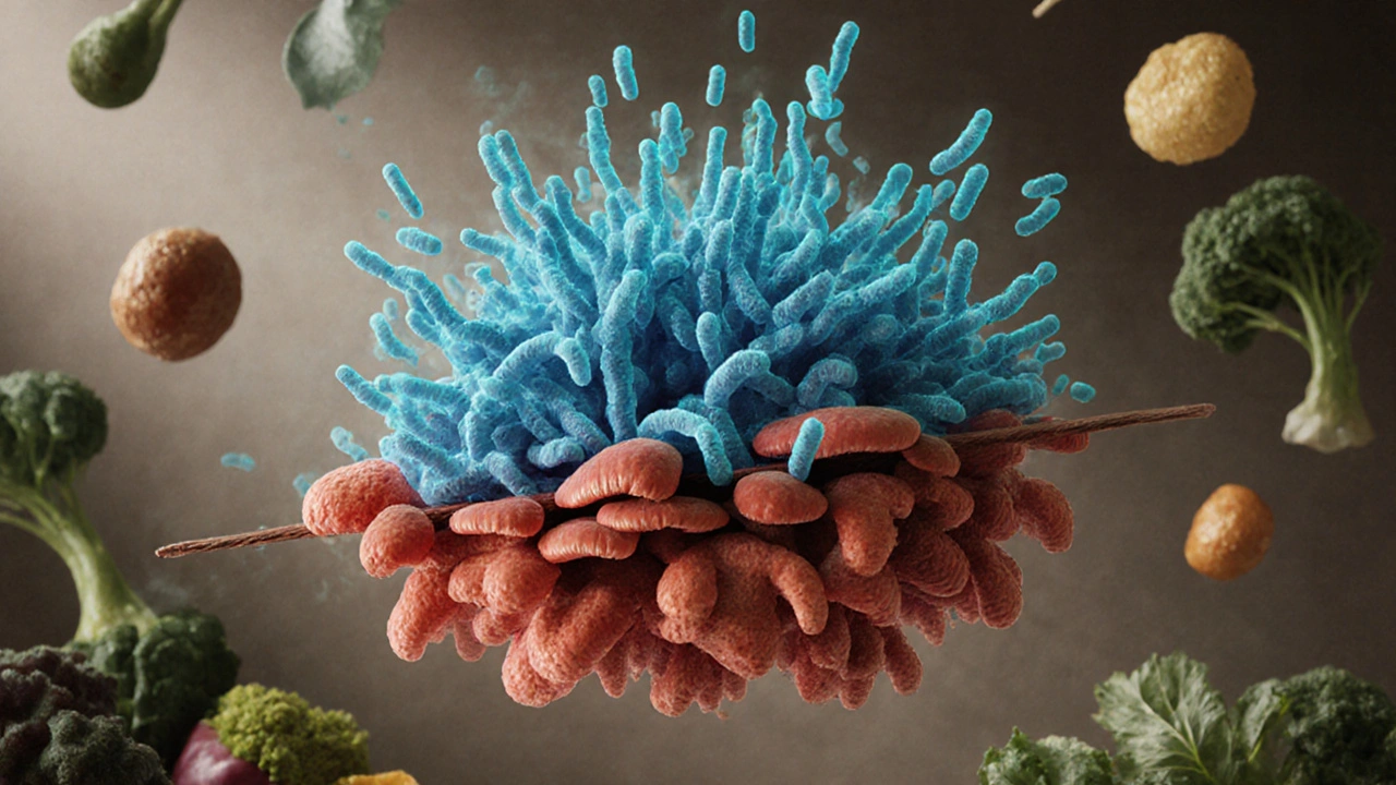 Surreální ilustrace střevní mikroflóry, kde užitečné bakterie potlačují kvasinky.