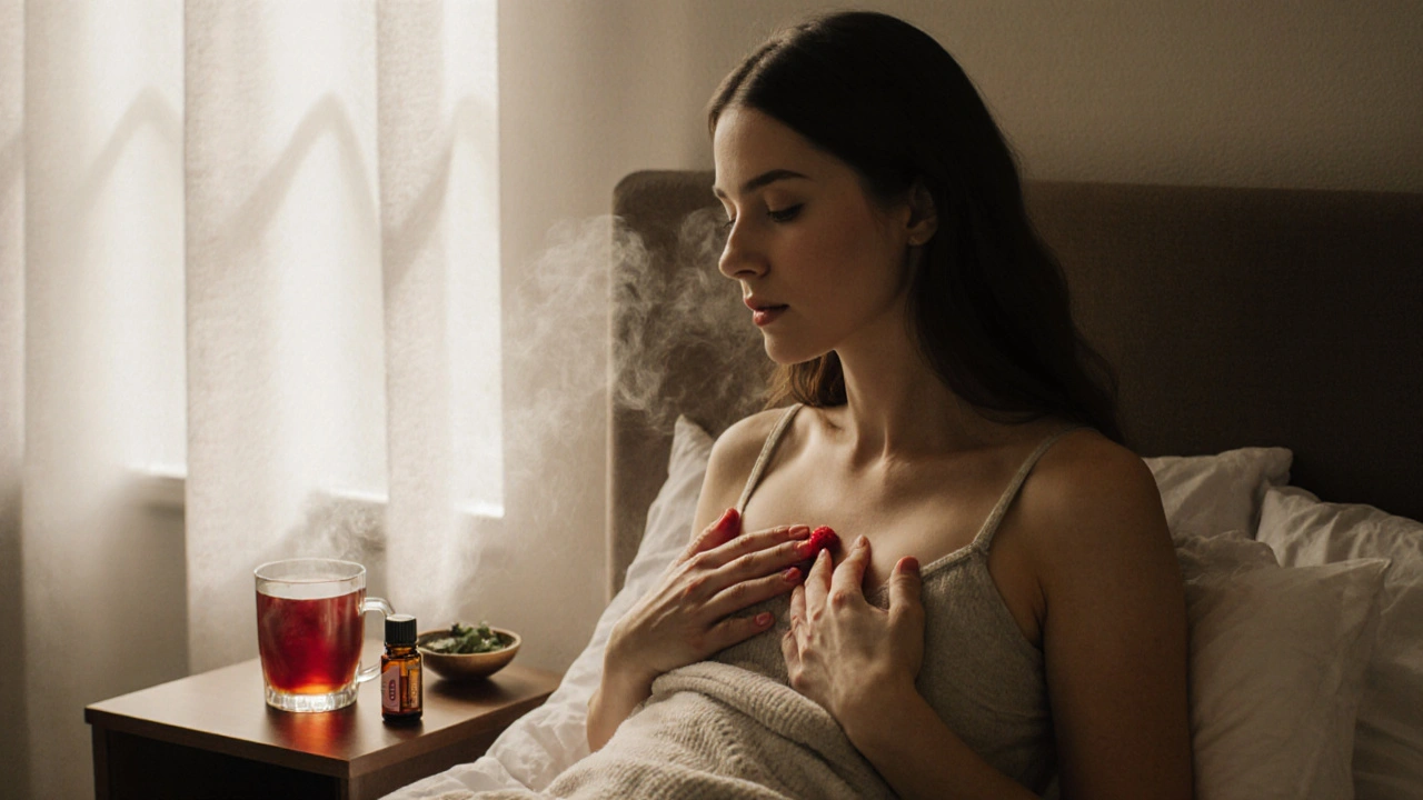 Těhotná žena jemně masíruje prsa v klidné místnosti, vedle ní čaj z listů maliny a svíčka.