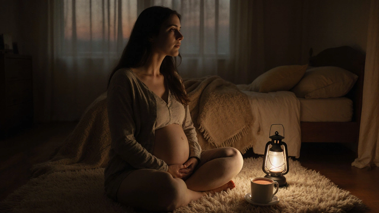 Těhotná žena medituje v klidné místnosti při slabém světle.