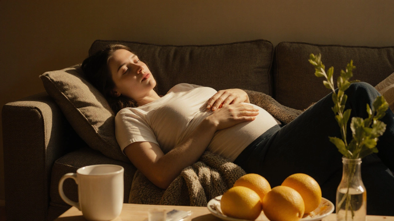 Těhotná žena odpočívá na gauči s potravinami a kávovými šálky.