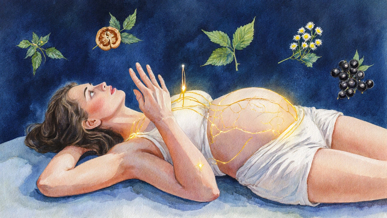 Těhotná žena s označenými akupresurními body na těle.