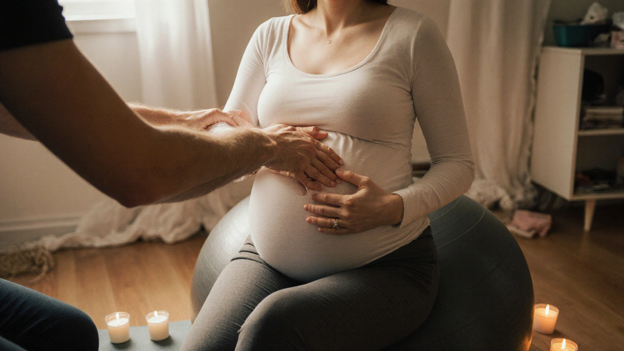 Těhotná žena sedí na porodním míči, partner jí tlakem podporuje akupresurní bod na ruce.