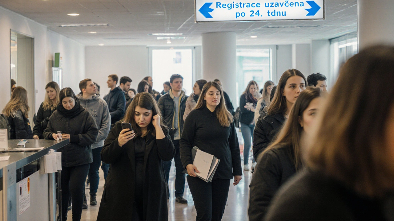 Těhotné ženy čekají u přijímacího oddělení porodnice FN Brno s plnou kapacitou.