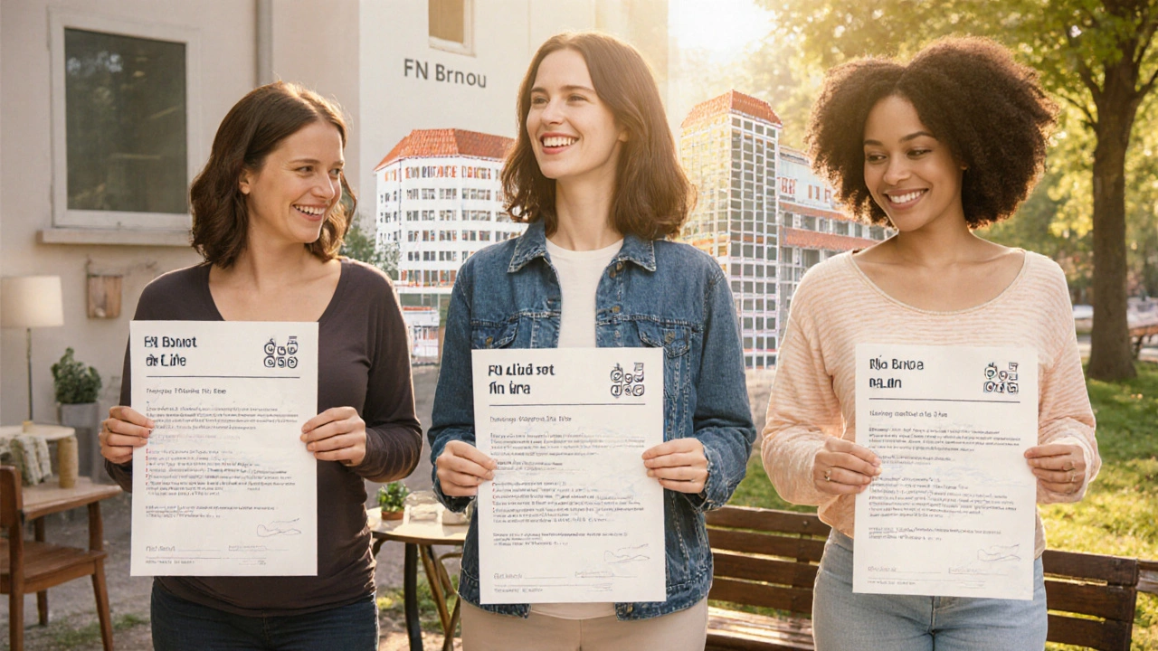 Těhotné ženy drží potvrzení o registraci do různých porodnic v Brně s klidným výrazem.