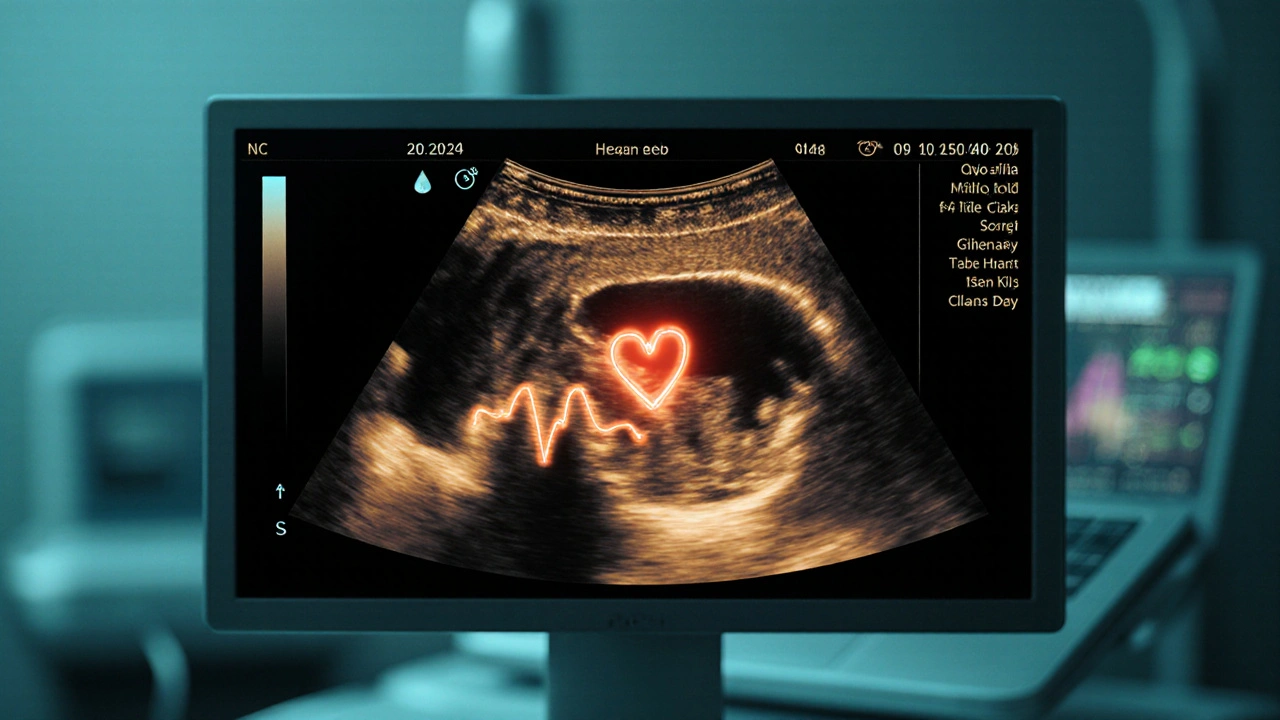 Ultrazvukový obraz malého plodu s viditelným srdečním tepem v raném těhotenství.