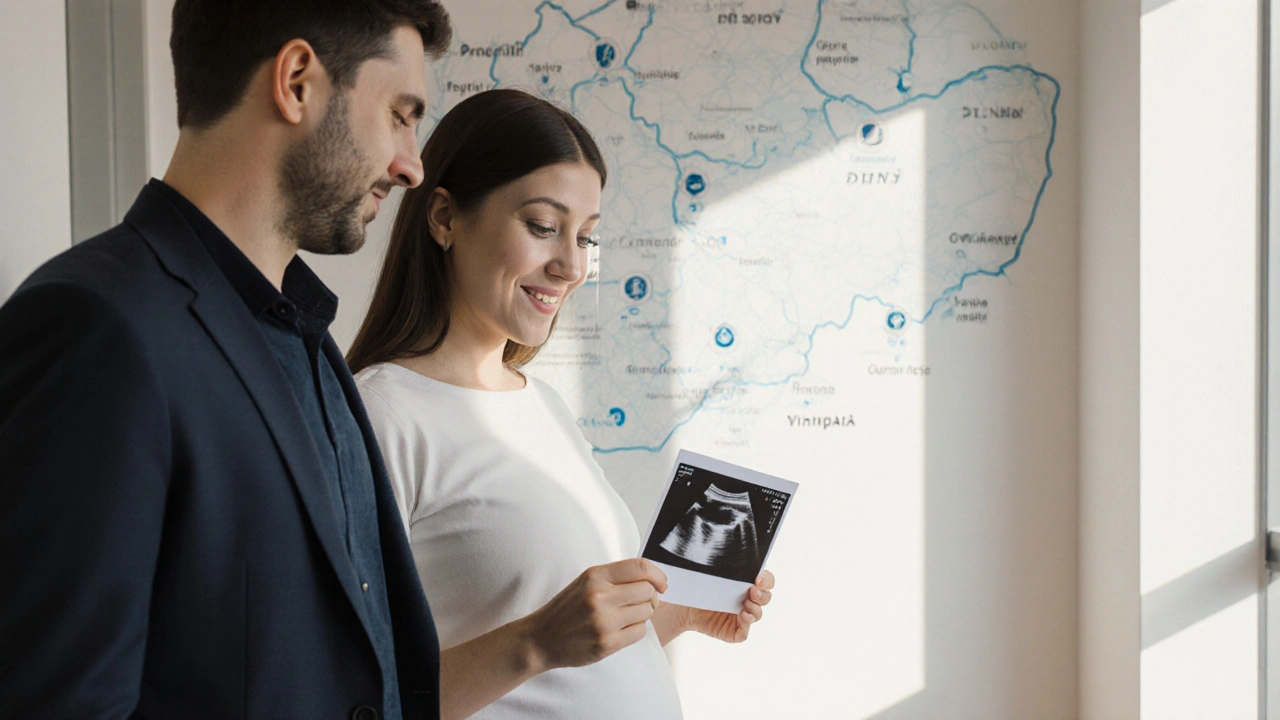 Žena a její partner drží výsledek ultrazvuku s emocionálním výrazem tváře.