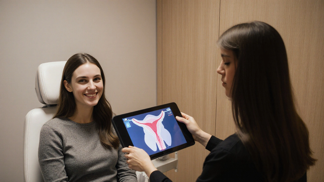 Žena a ženský gynekolog si prohlížejí obrázek na obrazovce v moderní ordinaci.