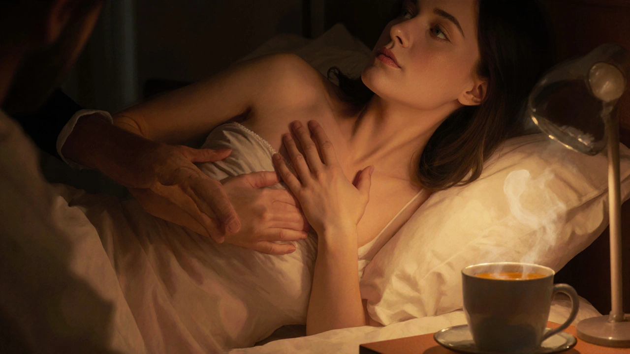 Žena jemně masíruje prsa v klidné, osvětlené ložnici.