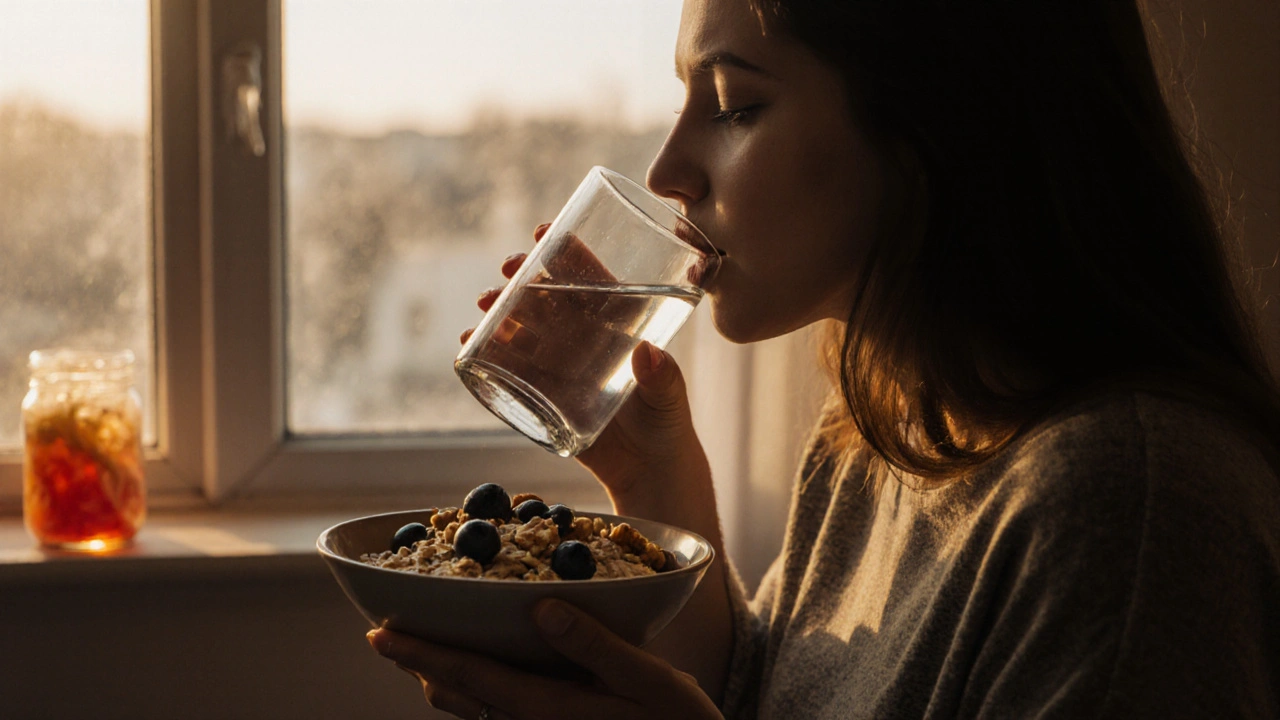 Žena jí snídanu s ovesnou kaší a borůvkami v klidné ranní atmosféře.