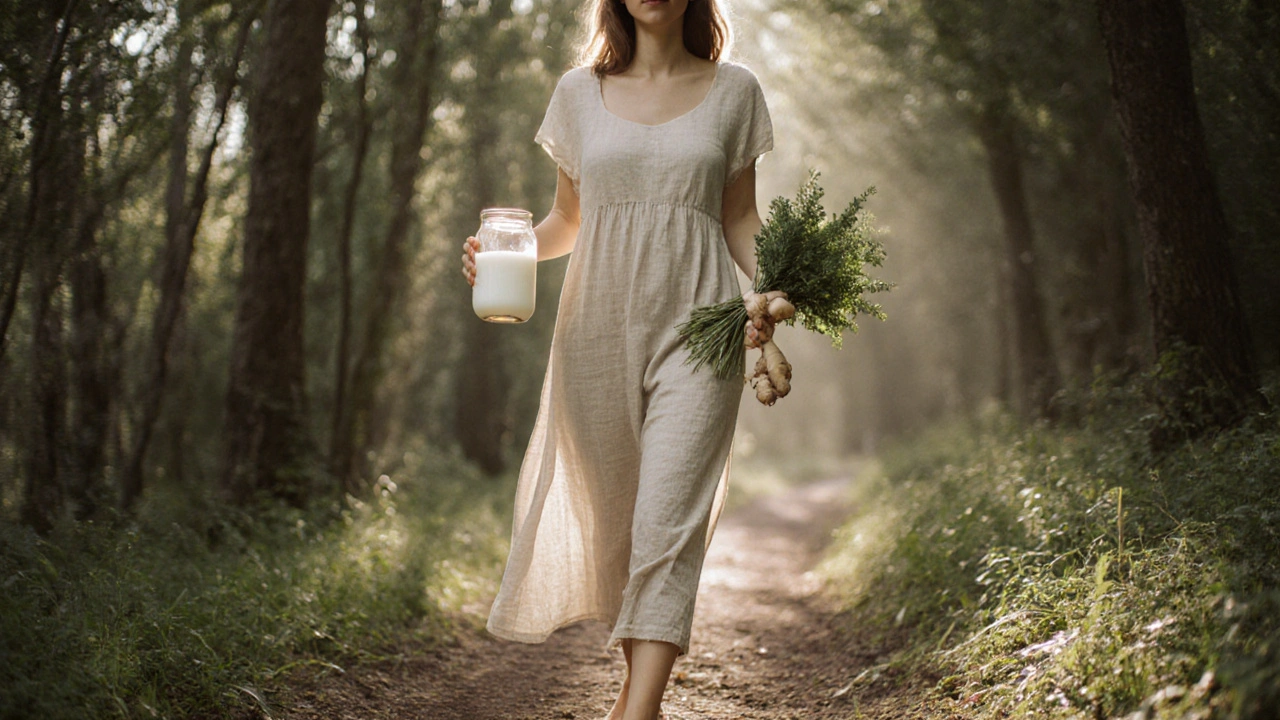Žena kráčí přírodou s kefírem a bylinkami, symbolizující celistvý přístup k léčbě vaginální mykózy.