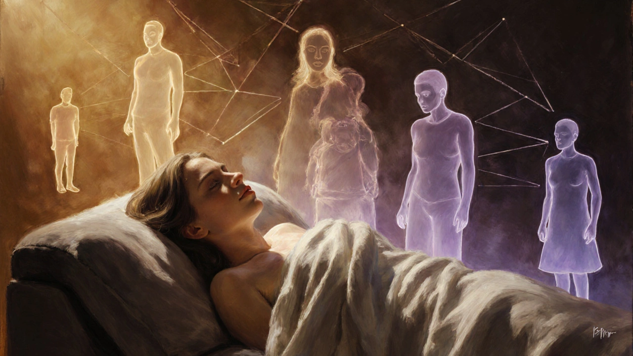 Žena leží na gauči, zatímco její starší a nové verze se pomalu mění v průzračných obrazích.